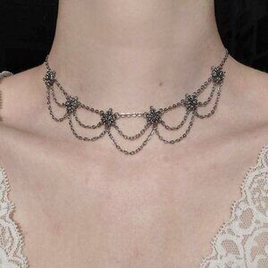 Gothic Victorian silver choker necklace with a small silver chain
